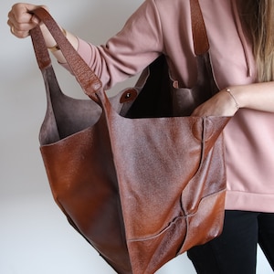 Weekender Oversized bag Large leather tote bag, Slouchy Tote, Cognac Brown Handbag for Women, Soft Leather Bag, Everyday Bag, Women bag image 8