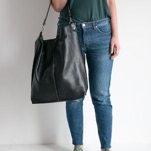 BLACK Leather Oversized HOBO Bag, Large Shopper Bag Black Large Purse BLACK Leather Handbag Everyday bag for women image 3