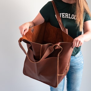 Kastanie Oversized Tasche Große Leder Einkaufstasche, Alltagstasche, Frauen Ledertasche Slouchy Tote, Cognac Handtasche für Frauen, Weiche Ledertasche