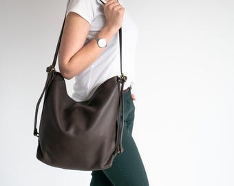 DARK Brown CONVERTIBLE Backpack, Leather BACKPACK Purse, Shoulder Bag, Crossbody Leather Handbag, School Bag, Leather Hobo Bag