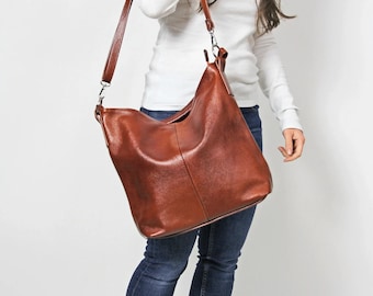 Bolsa Hobo de Couro, Bolsa de Couro Marrom, Bolsa Transversal, Bolsa Tote para Uso Diário, Bolsa de Ombro de Couro para Laptop, Bolsa de Couro Marrom Conhaque, Hobo