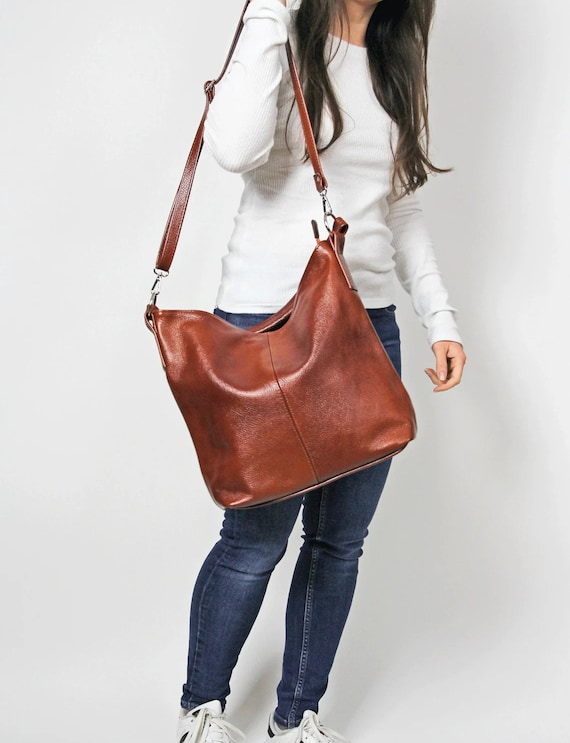 LEATHER HOBO BAG, Brown Leather Handbag, Crossbody Bag, Everyday Tote Bag, Laptop Leather Shoulder Bag, Cognac Brown Leather Bag, Hobo