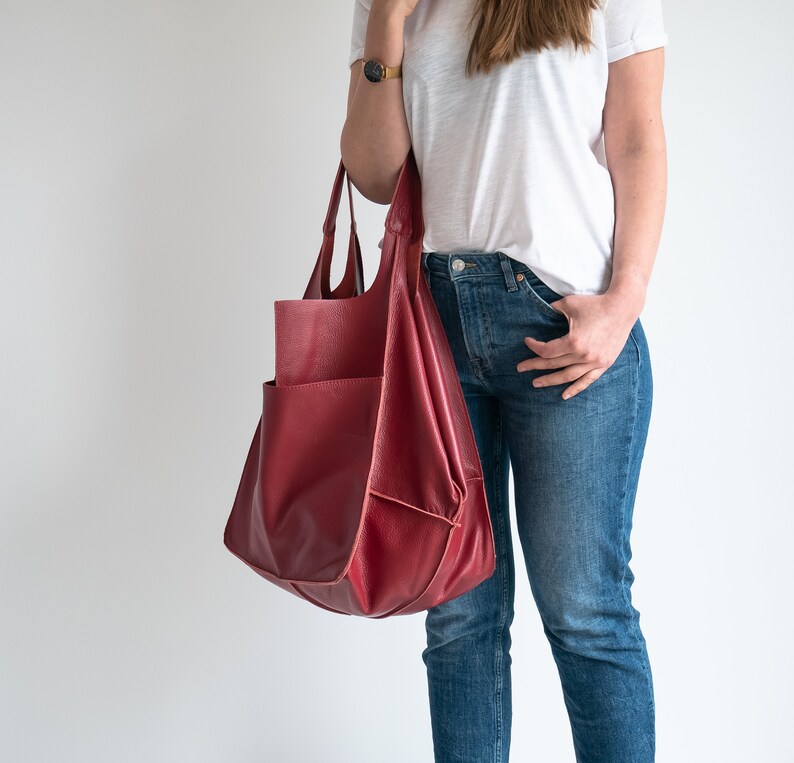 RED LEATHER TOTE bag, Slouchy Tote, Red Handbag for Women, Everyday Bag, Women leather bag, Weekender Oversized bag image 4