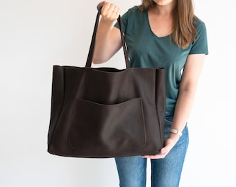 DARK BROWN OVERSIZE Leather Tote Bag, Chocolate Leather Purse, Big Shopping Bag, Shoulder Bag, Leather Purse, Everyday Tote, Large Tote