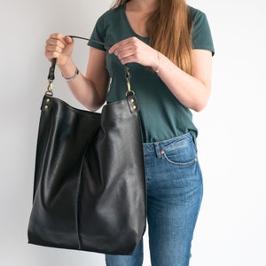 BLACK Leather Oversized HOBO Bag, Large Shopper Bag Black Large Purse BLACK Leather Handbag Everyday bag for women image 6