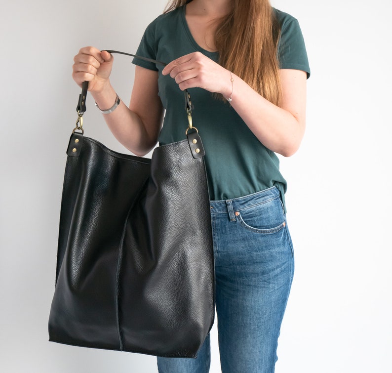 BLACK Leather Oversized HOBO Bag, Large Shopper Bag Black Large Purse BLACK Leather Handbag Everyday bag for women image 6