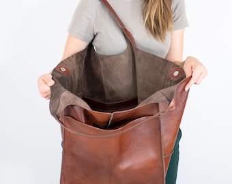 Cognac Oversized Bag, Large leather tote bag, Everyday Bag, Women leather bag Slouchy Tote, Cognac Handbag for Women, Large Soft Leather Bag