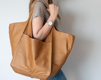 Oversize LEATHER TOTE bag, Slouchy Tote, Camel Brown Handbag, Soft Leather Bag, Everyday Bag, Antique Leather Bag, Weekender Large Bag