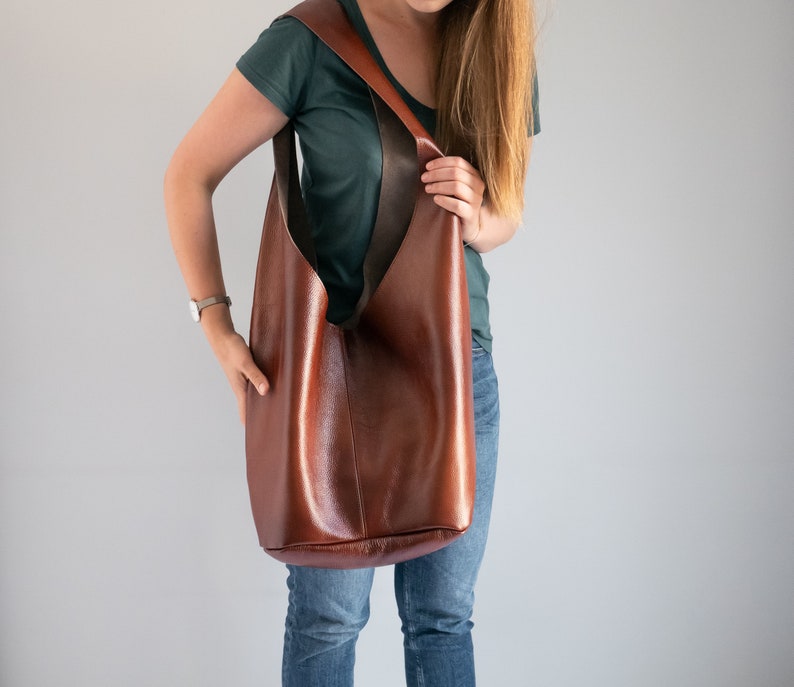 COGNAC Brown Leather HIPPIE Bag, Oversized BOHO Bag, Hobo Bag, Bohemian Leather Hobo Purse, Large Crossbody Hobo Bag Wide Strap, Boho image 5