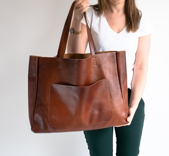 Large BROWN OVERSIZE Tote Bag Cognac Leather SHOPPER Bag 