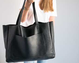 Große Tote Bag, BLACK OVERSIZE Shopper, Leder Shopper, Einkaufstasche, Xxl Geldbörse, Leder Handtasche, Weekender Big Tote