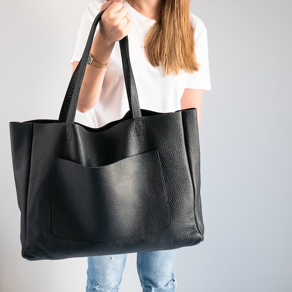 Große Tote Bag, BLACK OVERSIZE Shopper, Leder Shopper, Einkaufstasche, Xxl Geldbörse, Leder Handtasche, Weekender Big Tote