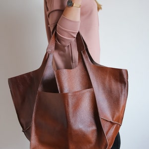 COGNAC LEATHER TOTE Bag, Slouchy Tote, Cognac Handbag for Women, Everyday Bag, Women leather Bag, Weekender Oversized Bag, Leather Purse image 6