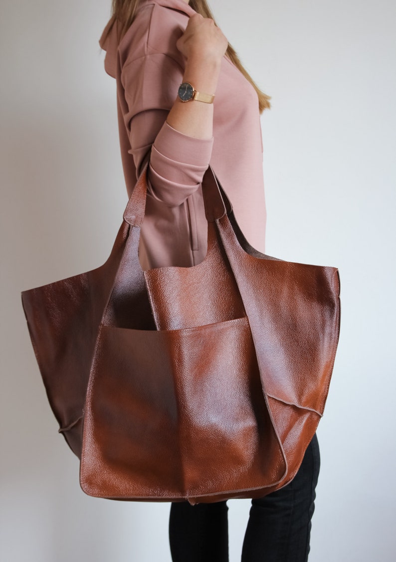 COGNAC LEATHER TOTE Bag, Slouchy Tote, Cognac Handbag for Women, Everyday Bag, Women leather Bag, Weekender Oversized Bag, Leather Purse image 6