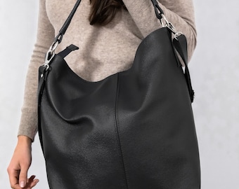 Black LEATHER HOBO BAG | Black Crossbody Shoulder Purse | Everyday Tote with Zipper Pockets | Fits A4 Laptop | Handmade Cowhide Leather Bag