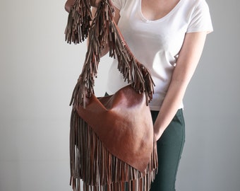 Cognac Brown Crossbody Leather Bag, Boho Bag, Unique Leather Purse, Western Fringe Bag, Leather Bag, Purse with Long Fringes, Crossbody Bag