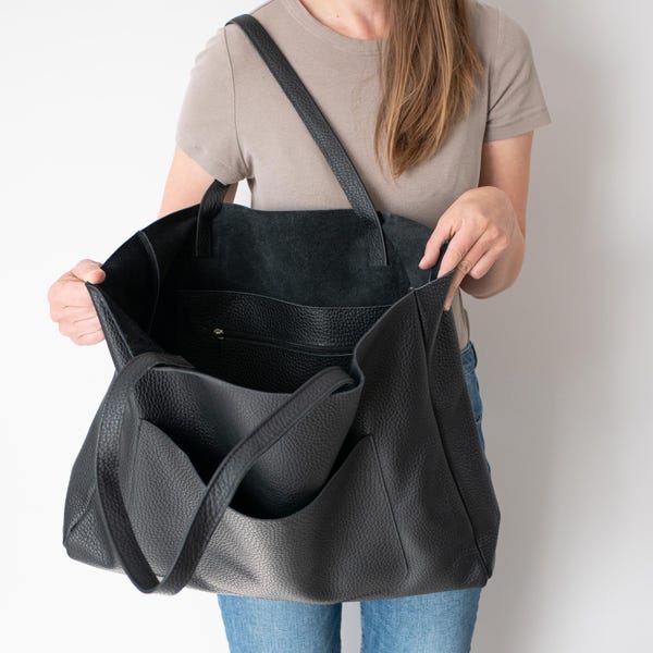 LARGE Tote Bag, BLACK OVERSIZE Shopper Bag, Leather Shopper, Shopping Bag, Xxl Purse, Everyday Tote, Leather Handbag, Weekender Big Tote