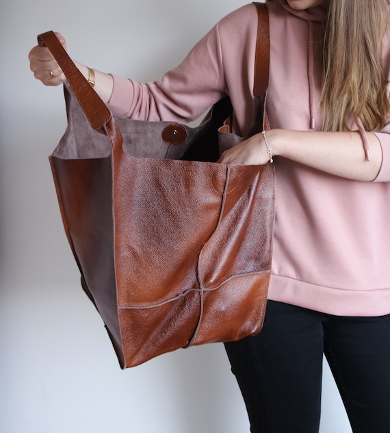 XXL Bag LARGE Cognac Brown LEATHER Tote Brown Etsy