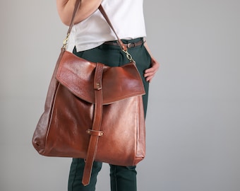 Carryall Bag, Brown Convertible Backpack Purse, Large Cognac Travel Bag, Leather Shoulder Bag, Oversized Backpack, Big Weekender Handbag