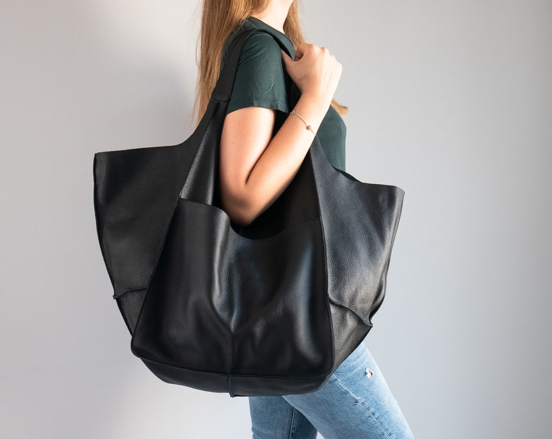 BLACK Shoulder bag, Weekender Oversized bag, Slouchy Tote, Black Handbag for Women, Soft Leather Bag, Everyday Bag, Women leather bag image 3