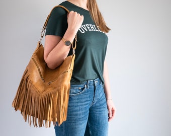 TAN Leather HOBO BAG, Leather Fringe Hobo Bag, Fringe Bag, Bag with Tassels, Large Cross Body Bag, Leather Handbag, Purse, Large Tote