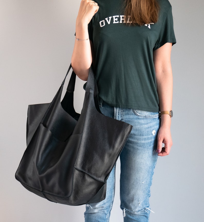 BLACK Shoulder bag, Weekender Oversized bag, Slouchy Tote, Black Handbag for Women, Soft Leather Bag, Everyday Bag, Women leather bag image 4