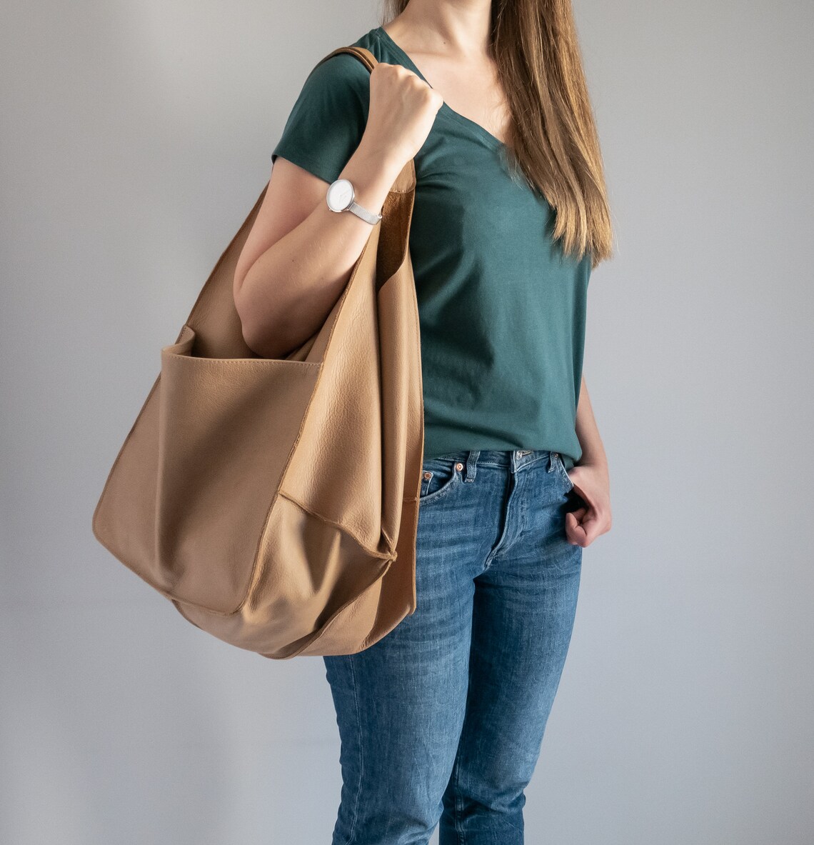 TAN LEATHER Tote Bag Slouchy Tote Leather Handbag for Women - Etsy