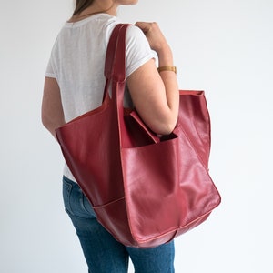 RED LEATHER TOTE bag, Slouchy Tote, Red Handbag for Women, Everyday Bag, Women leather bag, Weekender Oversized bag image 9