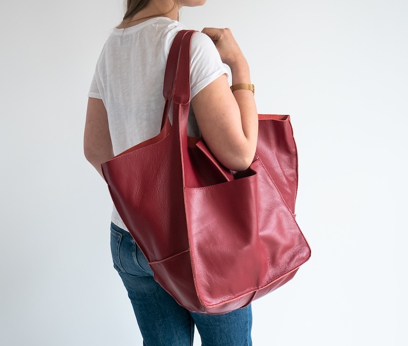 RED LEATHER TOTE bag, Slouchy Tote, Red Handbag for Women, Everyday Bag, Women leather bag, Weekender Oversized bag image 9