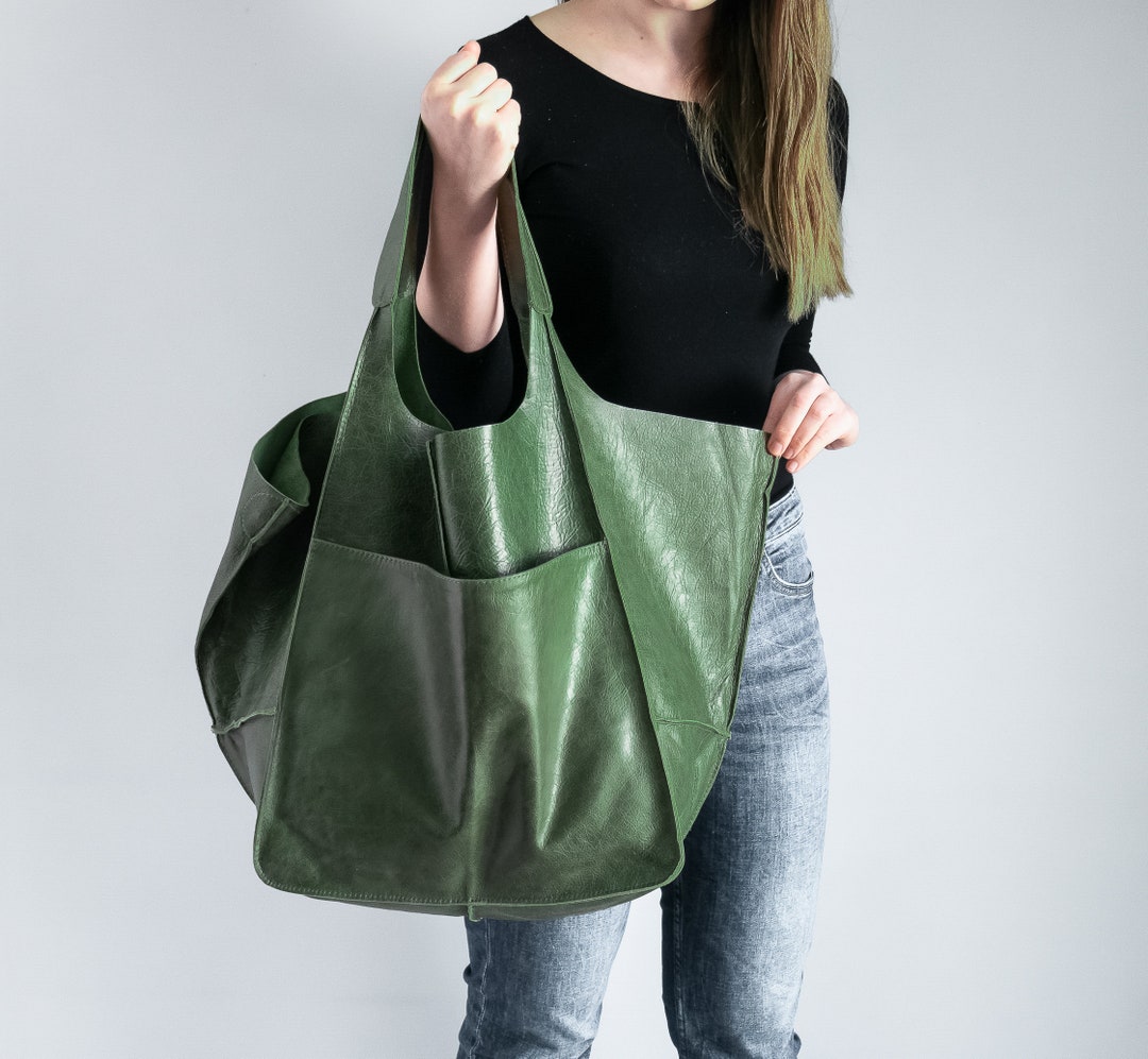 Green LEATHER TOTE Bag, Slouchy Tote, Dark Green Handbag for Women ...