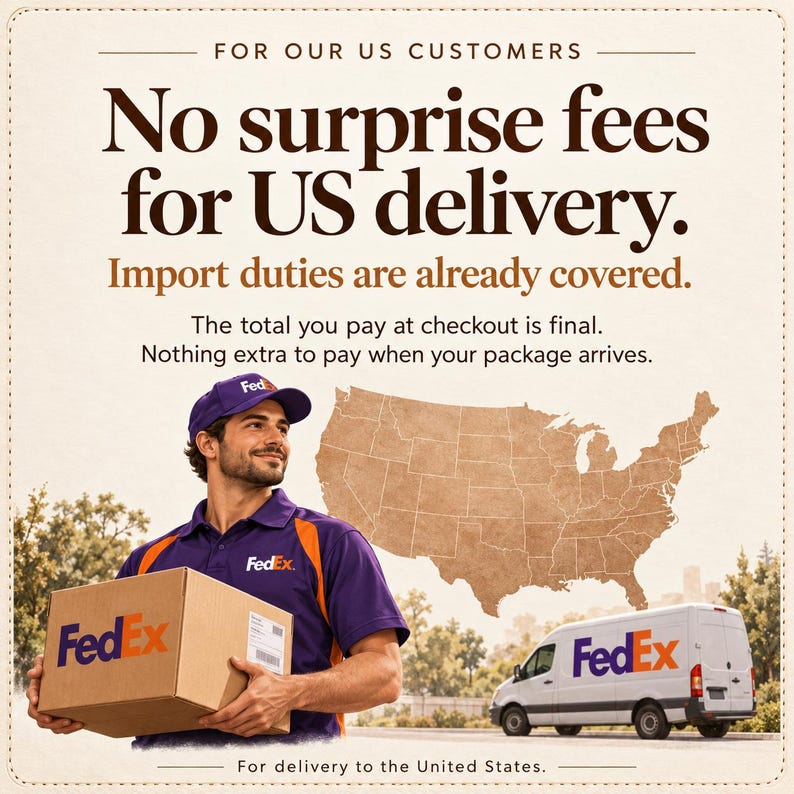 May include: A FedEx delivery worker in a purple and orange uniform holds a cardboard box. Text reads: FOR OUR US CUSTOMERS No surprise fees for US delivery. Import duties are already covered. The total you pay at checkout is final.