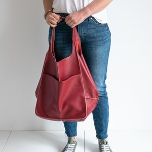 RED LEATHER TOTE bag, Slouchy Tote, Red Handbag for Women, Everyday Bag, Women leather bag, Weekender Oversized bag image 5