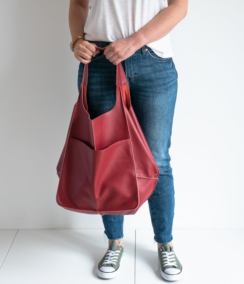 RED LEATHER TOTE bag, Slouchy Tote, Red Handbag for Women, Everyday Bag, Women leather bag, Weekender Oversized bag image 5