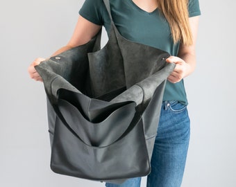 Weekender Oversized bag, GRAY Large leather tote bag, Slouchy Tote, Gray Handbag for Women, Soft Leather Bag, Everyday Bag, Women bag