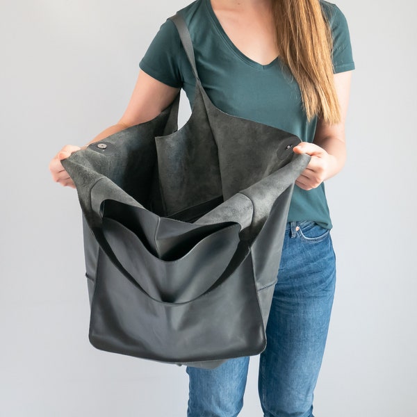 Weekender Oversized bag, GRAY Large leather tote bag, Slouchy Tote, Gray Handbag for Women, Soft Leather Bag, Everyday Bag, Women bag