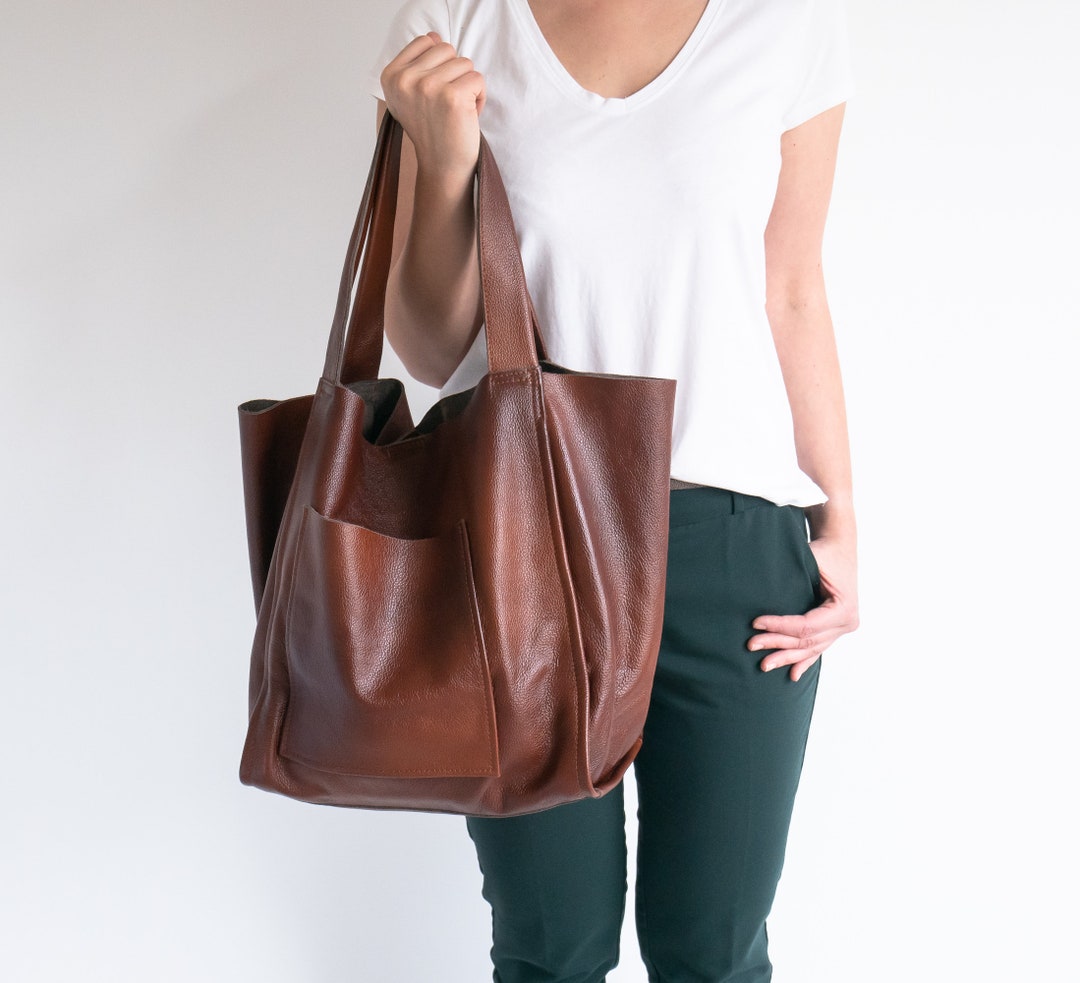 BROWN LEATHER Tote Bag, COGNAC Brown Slouchy Tote, Large Handbag for ...