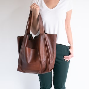 BROWN LEATHER Tote Bag, COGNAC Brown Slouchy Tote, Large Handbag for Women, Everyday Shopper, Leather Purse, Weekender Oversize Bag