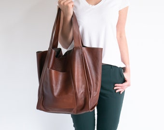 BROWN LEATHER Tote Bag, COGNAC Brown Slouchy Tote, Large Handbag for Women, Everyday Shopper, Leather Purse, Weekender Oversize Bag