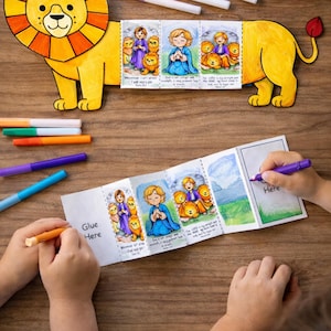 May include: A printable Daniel in the lion's den craft featuring a yellow lion with a colorful mane and tail. The craft includes illustrated panels with Bible verses and children coloring with markers. The words "Digital Download" are visible.