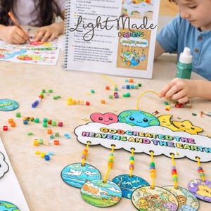 May include: A craft kit with the text "Creation Craft" and "Light Made Designs". The kit includes a spiral-bound booklet, colourful beads, and pre-printed cutouts with illustrations of the earth, sun, moon, and animals. Children are shown working on the craft.