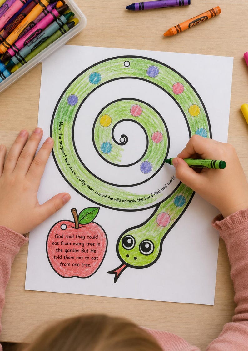 May include: A child coloring a green snake illustration with a green crayon. The snake has colorful dots and is next to a red apple. Text on the page reads, "Now the serpent was more crafty than any of the wild animals the Lord God had made."