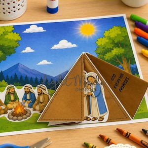 May include: A printable craft project featuring a paper tent structure with the text GOD KEEPS HIS PROMISES. The scene depicts a cartoon illustration of Abraham and Sarah with a baby, and a separate group of three figures sitting by a campfire.
