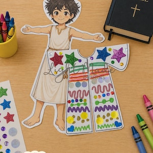 May include: A craft kit with a paper cutout of a person and a colorful coat. The coat is decorated with glittery stars and colorful patterns. A Bible and crayons are also visible. Text on the image reads "Printable Joseph's Coat Craft" and "Digital Download."