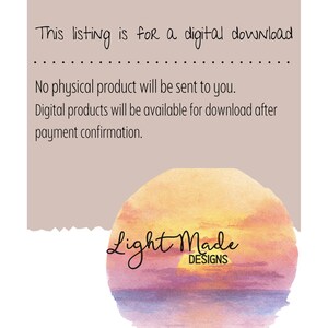 May include: A digital download announcement on a beige background, secured with blue tape. The text states that no physical product will be sent, and digital products are available after payment. A watercolor sunset design is featured.