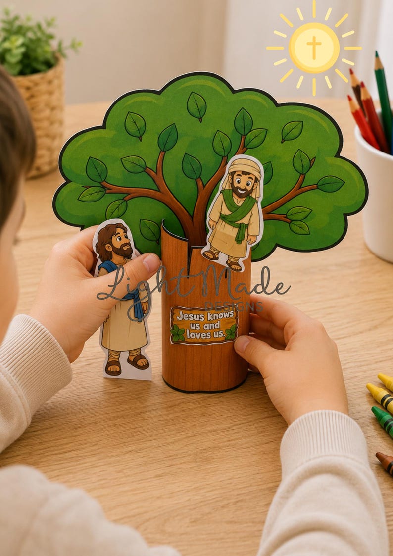 K&ouml;nnte beinhalten: Ein Bastelprojekt f&uuml;r Kinder mit einem Baum mit gr&uuml;nen Bl&auml;ttern und zwei illustrierten Figuren. Der Baumstamm tr&auml;gt den Text "Jesus knows us and loves us". Die Figuren sind in biblischer Kleidung gekleidet. Im Hintergrund ist eine Sonne mit einem Kreuz zu sehen.