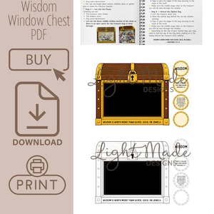 K&ouml;nnte beinhalten: Digitales PDF-Bastelprojekt mit einem Schatzkistendesign, betitelt "Solomons Wisdom Window Chest." Enth&auml;lt Anweisungen und Schaltfl&auml;chen f&uuml;r "Kaufen", "Herunterladen" und "Drucken". Die Truhe hat ein schwarzes Fenster und den Text "Weisheit ist mehr wert als Silber, Gold oder Juwelen."