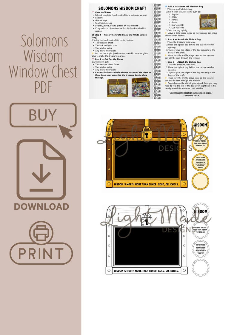 K&ouml;nnte beinhalten: Digitales PDF-Bastelprojekt mit einem Schatzkistendesign, betitelt "Solomons Wisdom Window Chest." Enth&auml;lt Anweisungen und Schaltfl&auml;chen f&uuml;r "Kaufen", "Herunterladen" und "Drucken". Die Truhe hat ein schwarzes Fenster und den Text "Weisheit ist mehr wert als Silber, Gold oder Juwelen."