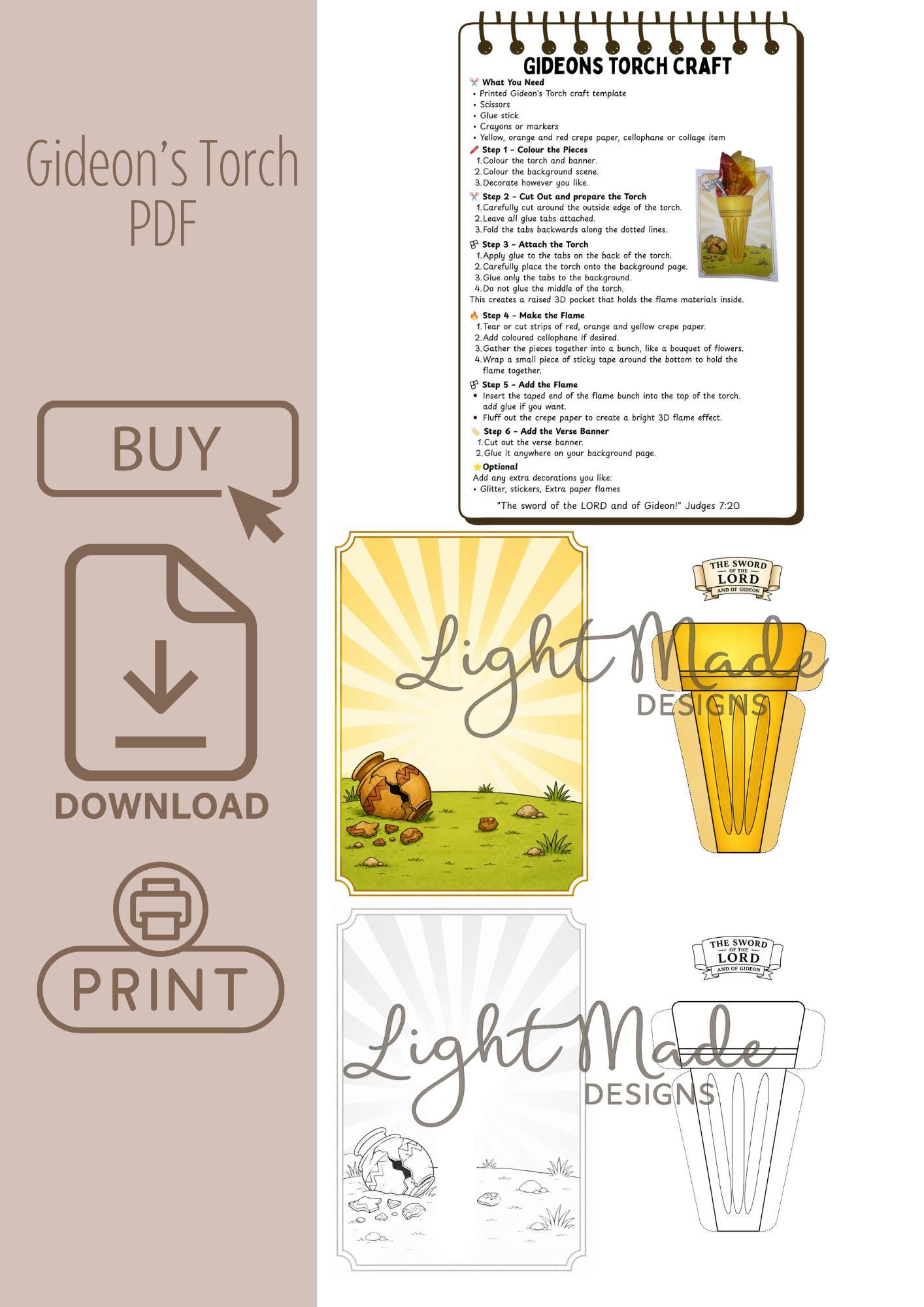 Gideon's Torch Bible Craft | Judges 7 Sunday School Activity (digital ...
