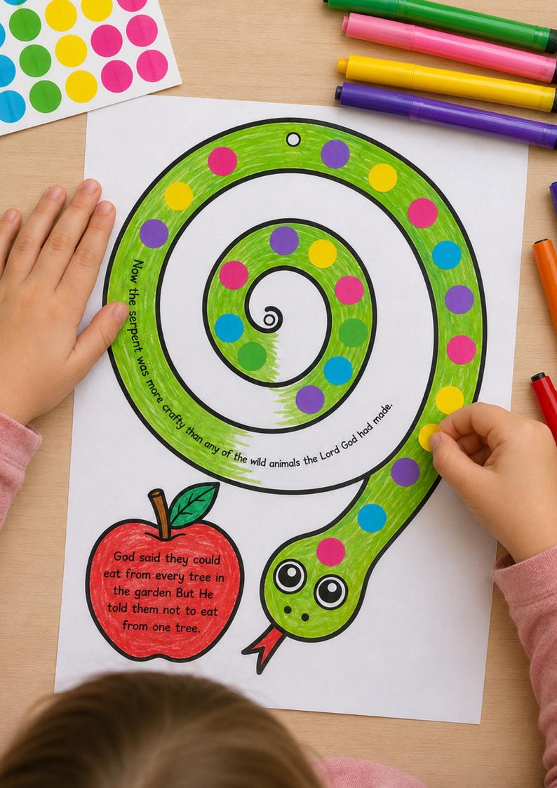 May include: A green, spiral-shaped snake coloring page with colorful dot stickers. The page includes text about the serpent and an apple illustration. Markers and stickers are visible.
