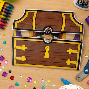 May include: A craft project featuring a lift-the-flap treasure chest design with a biblical figure inside. The chest is brown with yellow accents and a keyhole. The text "Light Made" is visible. The image also includes crayons, glue, and decorative gems.